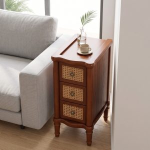 Narrow End Table with 3 Rattan Drawers
