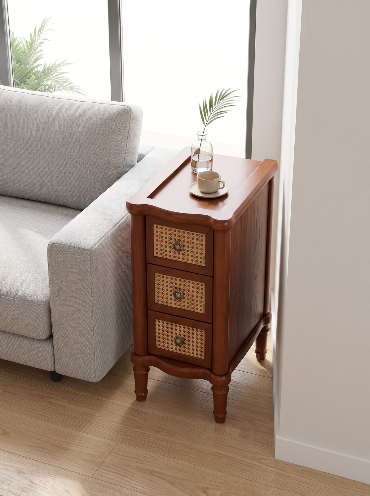 Narrow End Table with 3 Rattan Drawers