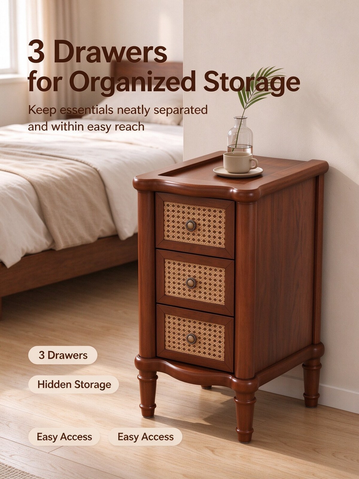 Three rattan-front drawers on a narrow solid wood end table beside a bed