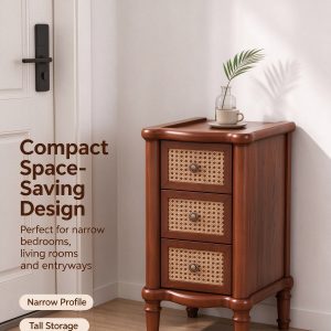 Compact space-saving narrow end table with three rattan-front drawers in a hallway