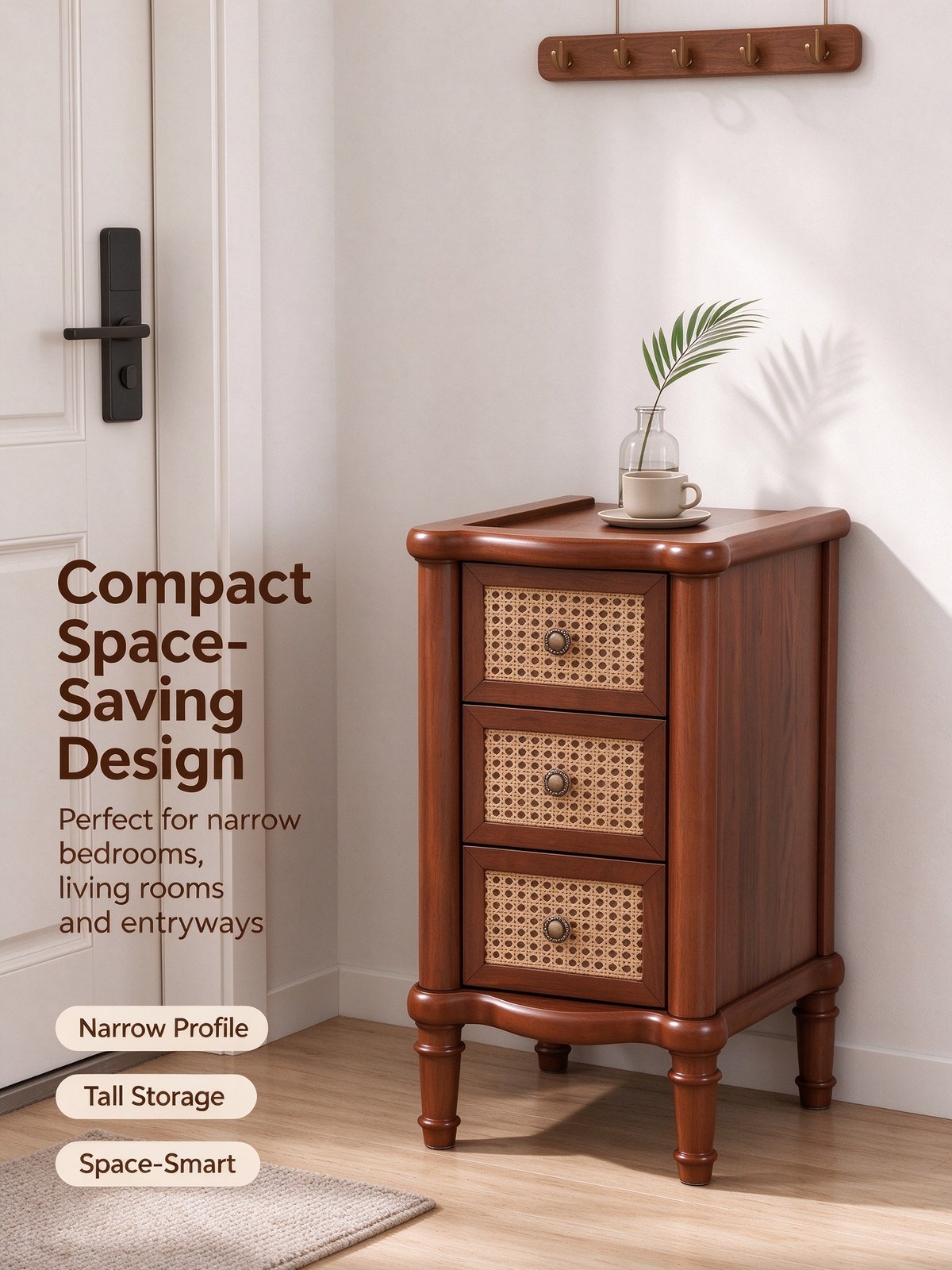 Compact space-saving narrow end table with three rattan-front drawers in a hallway