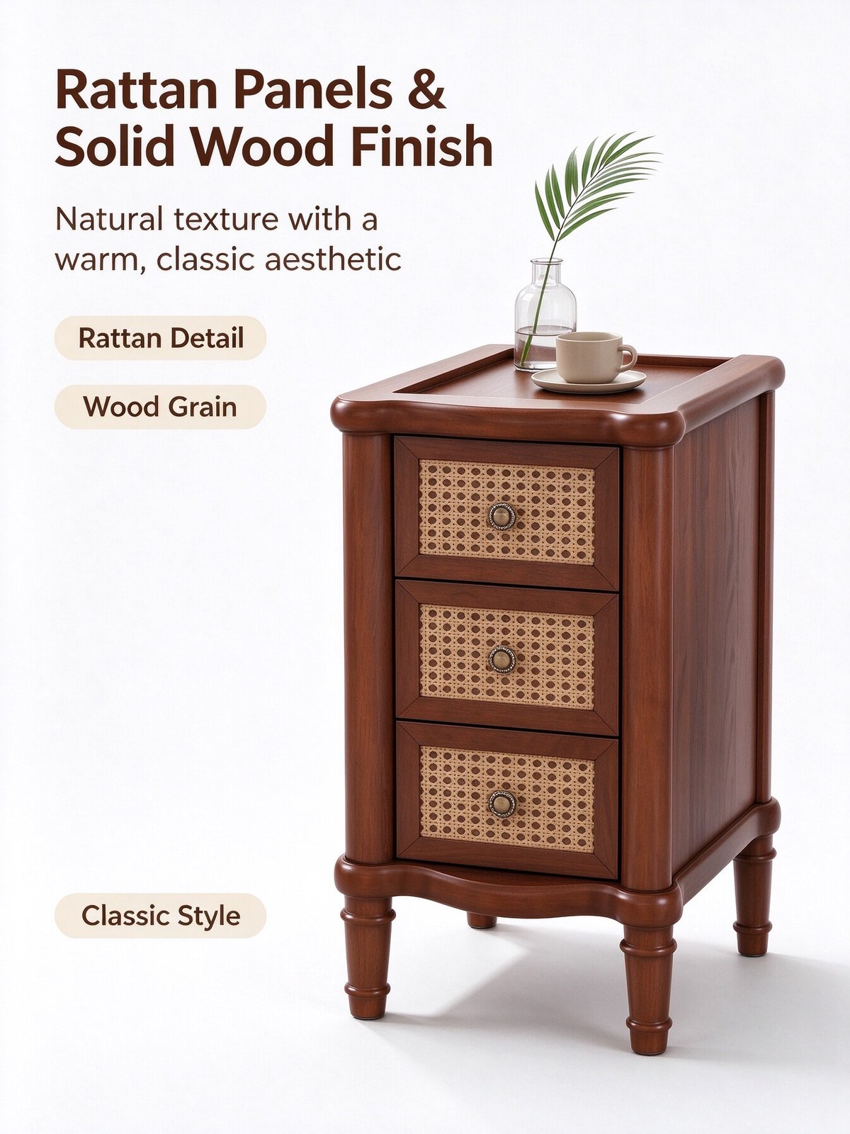 Hand-woven rattan drawer fronts on a narrow solid wood end table