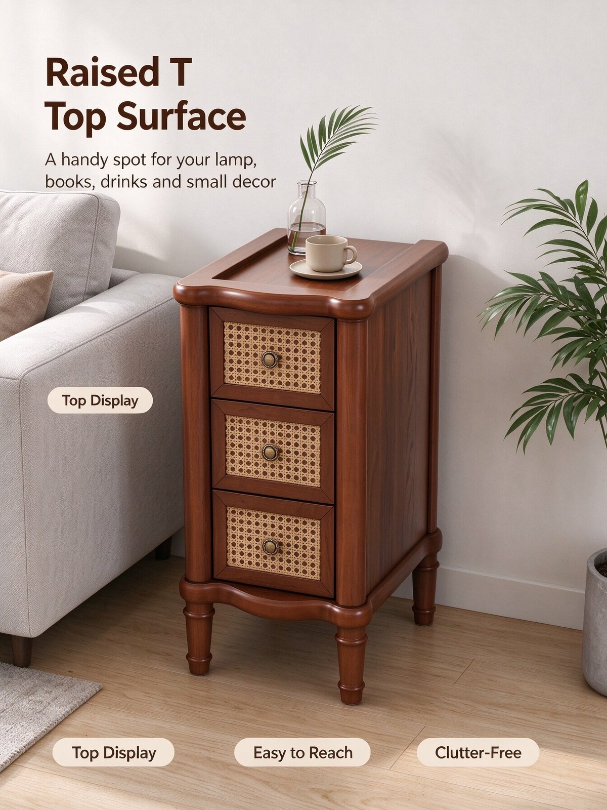 Narrow end table with raised top surface beside a grey sofa