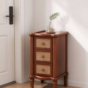 Solid wood narrow end table with turned legs and antique-style ring pulls