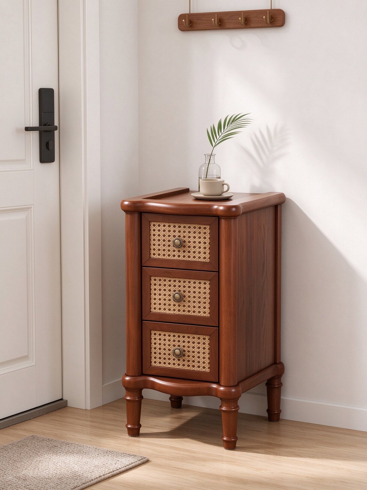 Solid wood narrow end table with turned legs and antique-style ring pulls