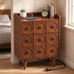 Wooden nightstand with USB charging port and raised edge top in a bedroom