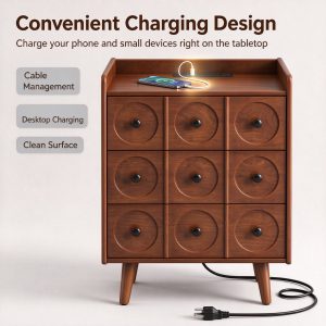 Charging station and cable management on the tabletop of a wooden nightstand