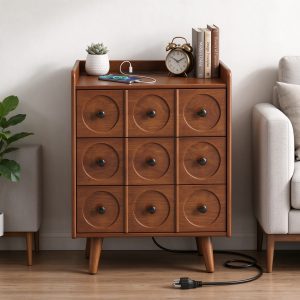 Solid wood 3-drawer nightstand with built-in charging station beside a grey sofa