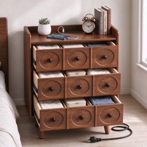 Three open drawers of a solid wood nightstand showing storage capacity
