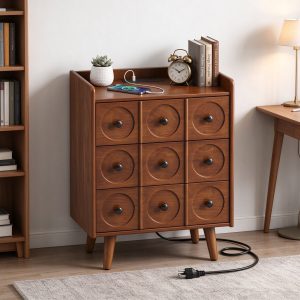 Mid-century wood nightstand with nine round pulls beside a bookshelf