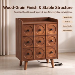 Wood-grain finish and rounded handles on a solid wood nightstand