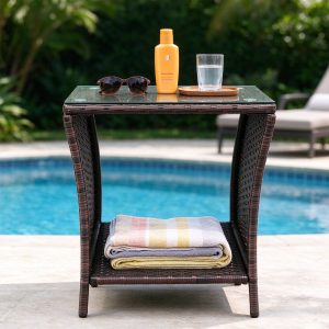 PE rattan side table with 5 mm tempered glass top and open lower shelf