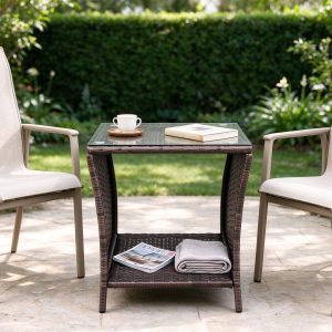 Powder-coated steel frame side table wrapped in UV-stabilized PE rattan